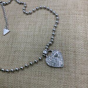 Guess Silver Tone Ball Chain Rhinestone Heart Pendant Necklace
